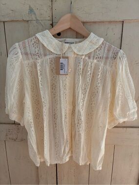 POUDRE ORGANIC AMBRE lace cotton blouse with collar. NWT.
